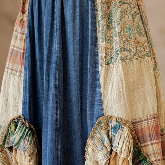 #201 Boho Denim Pattern Ruffle Midi Skirt - Picture 3 of 7